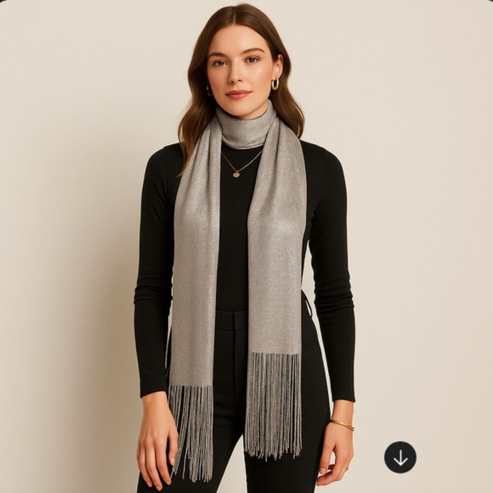 ✨ Kimberly C. Silver Metallic Fringe Scarf/Shawl